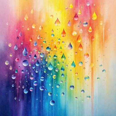 The primary subject of the image is a painting of raindrops falling in various colors. The setting is a colorful background, and the visual style is a digital art or illustration. The dominant colors and overall atmosphere are vibrant and lively, with the raindrops creating a sense of movement and energy.